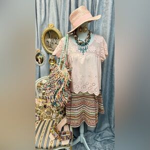 Multicolor Raffia  Skirt with blouse , bag, shoes, hat and jewelry